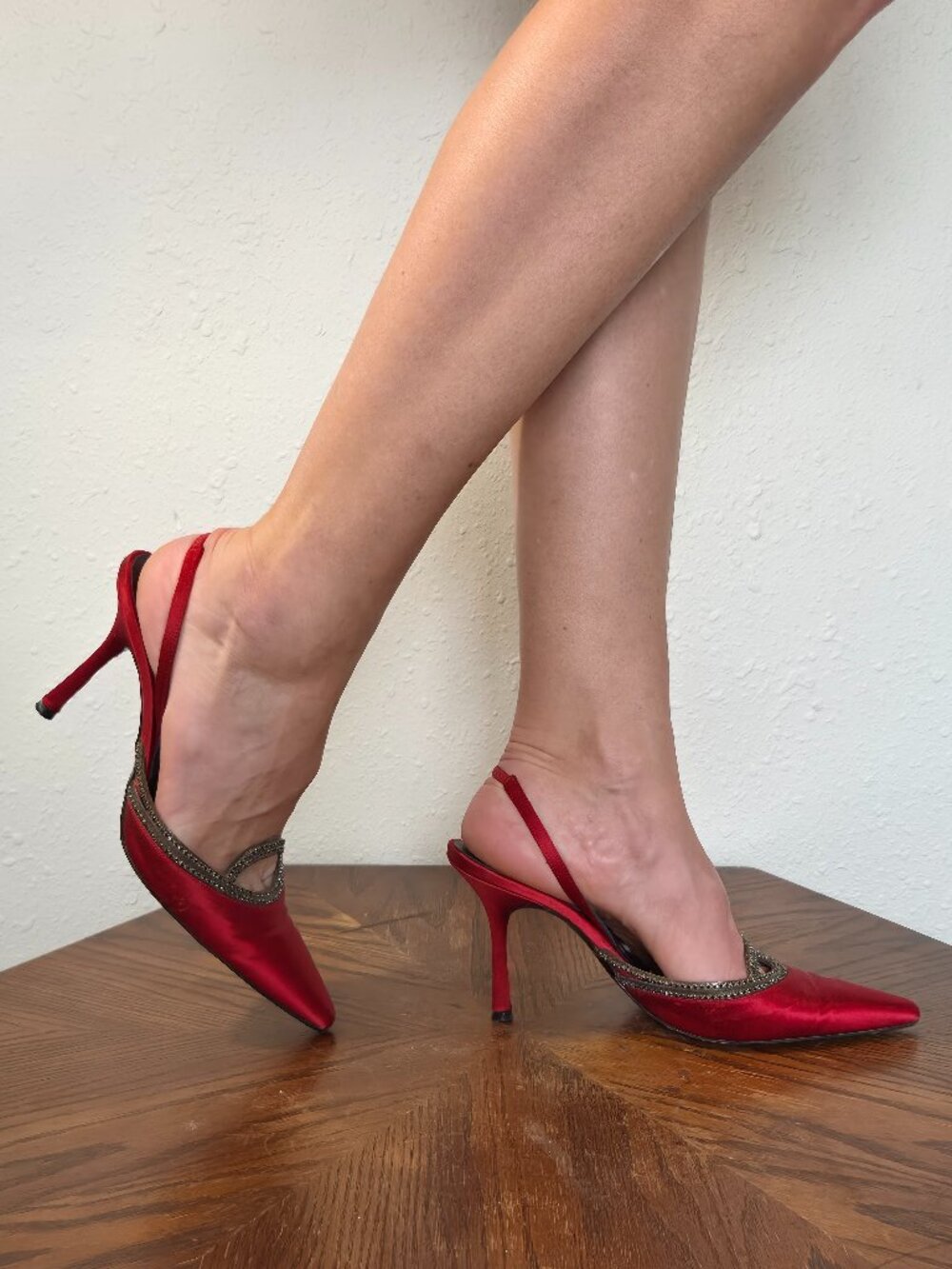 Richard Tyler Red Satin Rhinestone Slingback Heels 37 Made in Italy